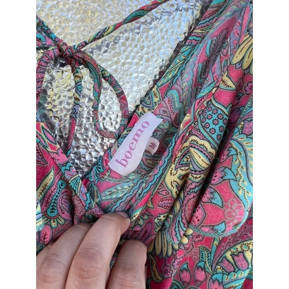 Boemo Pink Teal Paisley Ruffle Tiered Maxi Dress Boho Tassel Back Womens Medium‎